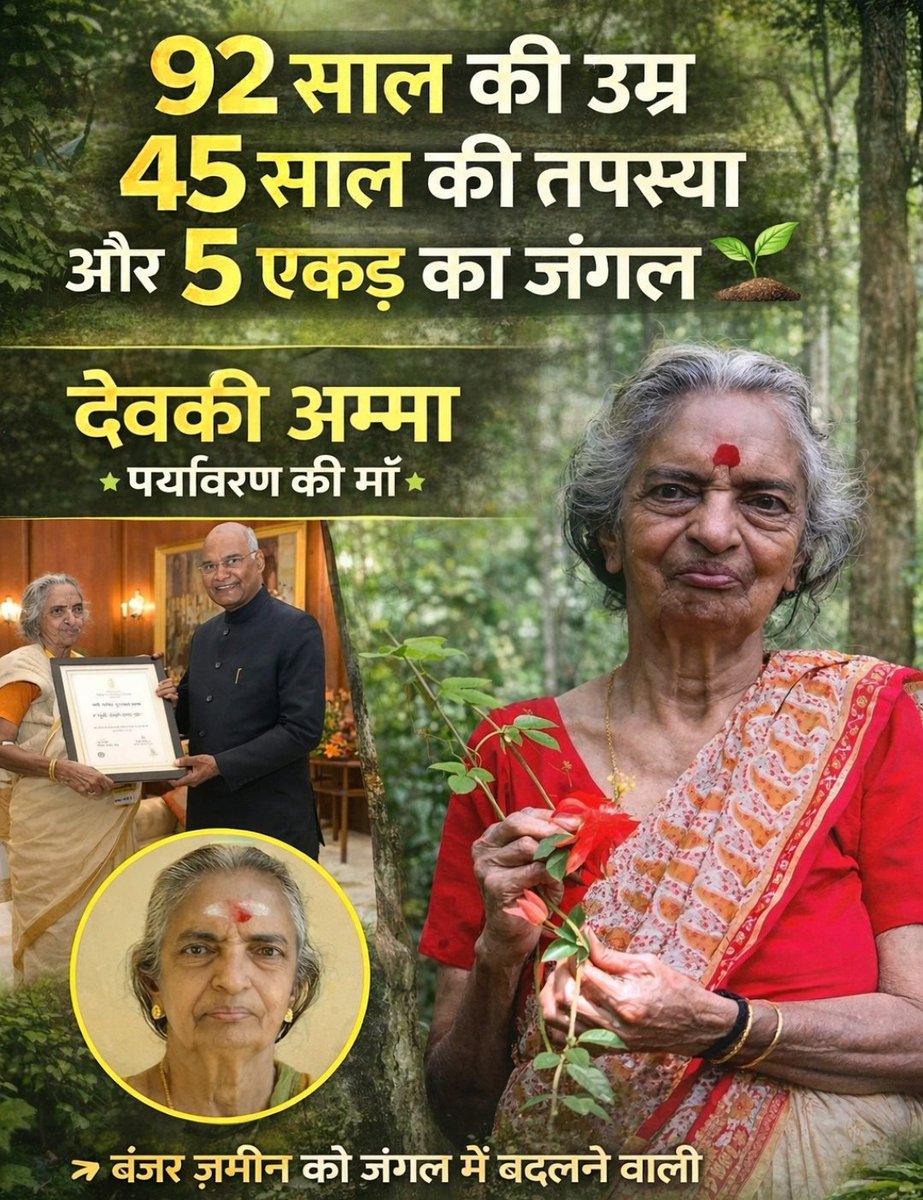 92 साल की उम्र में 5 एकड़ का जंगल खड़ा कर गईं देवकी अम्मा, 45 साल की उनकी तपस्या बनी देश के लिये प्रेरणा***

केरल के अलप्पुझा ज़िले की रहने वाली 92 वर्षीय देवकी अम्मा ने यह साबित कर दिया कि सच्चा संकल्प किसी भी उम्र का मोहताज नहीं होता है। बिना किसी सरकारी सहायता के, उन्होंने