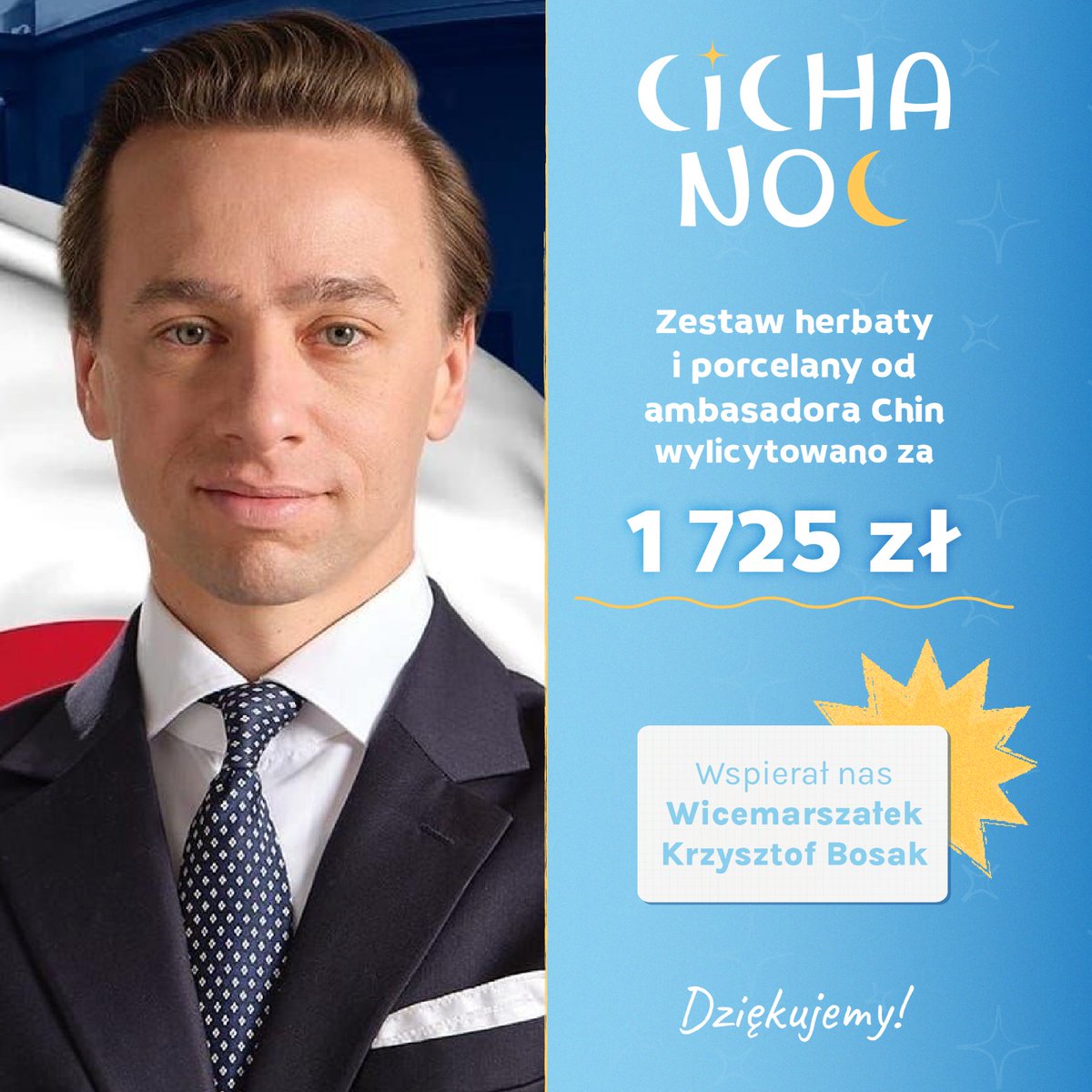 ☕ Elegancja z historią w tle
Zestaw porcelany i herbaty od ambasadora Chin, przekazany przez Wicemarszałka Krzysztofa Bosaka, został wylicytowany za 1 725 zł.🙌✨
Dziękujemy za wsparcie naszej inicjatywy oraz wszystkim uczestnikom licytacji. Dzięki takim gestom możemy robić