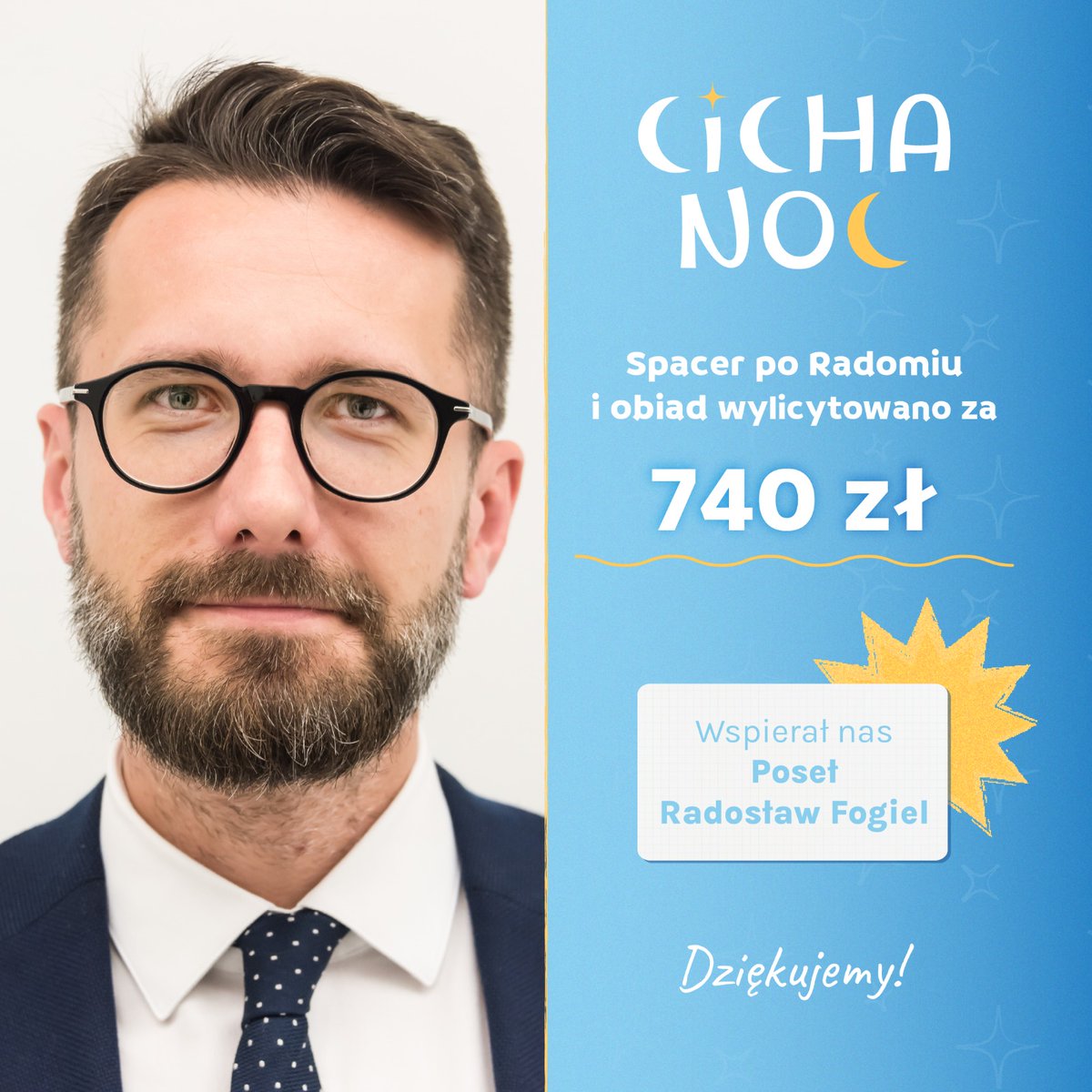🚶‍♂️🍴 Rozmowa, spacer i pomoc
Spotkanie z Posłem Radosławem Foglem w Radomiu zakończyło się wynikiem 740 zł.🙌✨
Dziękujemy za otwartość i zaproszenie do udziału w naszej akcji. Zwycięzcę czeka ciekawe spotkanie, a fundację – kolejne wsparcie.💙