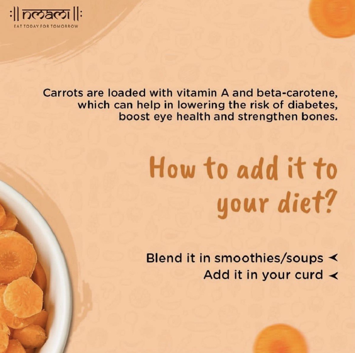 nmamilife's tweet image. The word carrots has ‘care’ in it which is why it should be your choice food this season!
—
#Nmamilife #NmamiLifeGirl #EatTodayForTomorrow #Nutrition #Nutritionist #Diet #Dietitian #Health #Lifestyle #Nmami #NmamiAgarwal