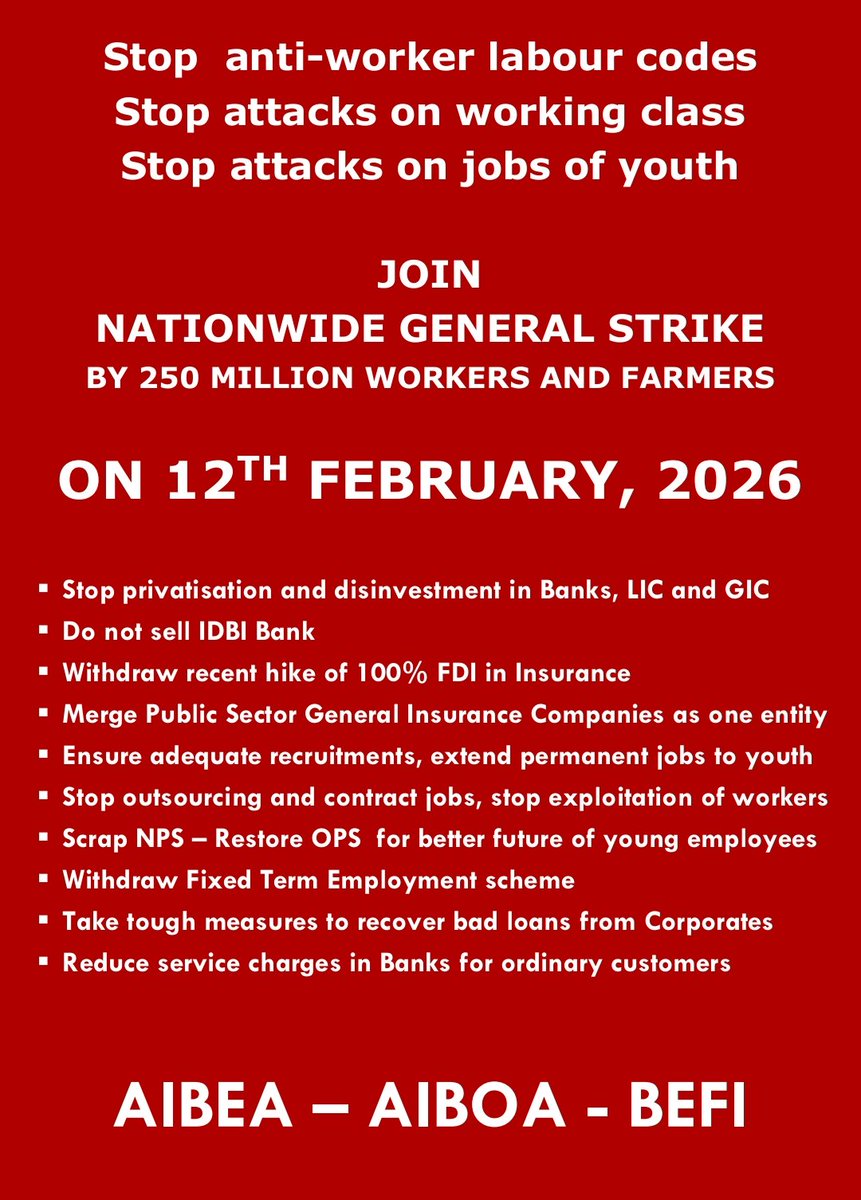 AIBOAOFFICIAL's tweet photo. Stop Anti-Worker Labour Codes
Stop Attacks on Working Class
Stop Attacks on Jobs of Youth
Join Nationwide General Strike by 250 Million Workers and Farmers on 12th February, 2026
March On Comrades
#strike
#AIBEA
#AIBOA
#BEFI https://t.co/Sg1LsZcUhB