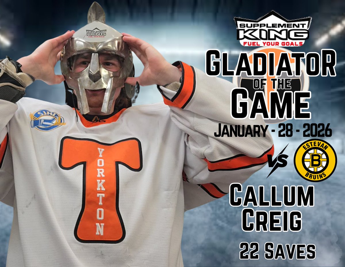 He continues to come up huge every time he is between the pipes. Tonight’s Supplement King Gladiator of the Game pushed aside 22 shots in the Win - #33 Callum Creig 

#yorktonterriers
#gladiatorofthegame
#gameday
#SJHL