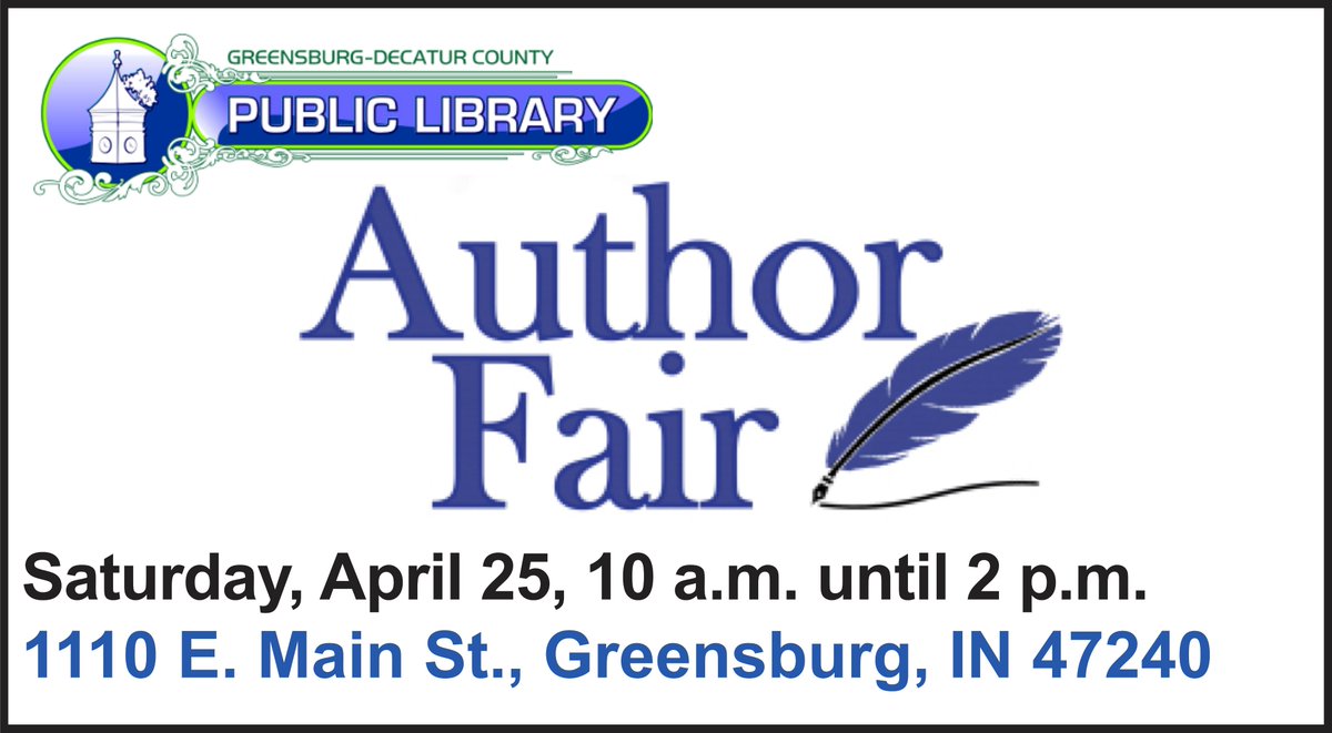 RestartLMAuthor's tweet photo. I'll be participating in the Greensburg-Decatur County Public Library's Author Fair on Saturday, April 25, 10 a.m. until 2 p.m., 1110 E. Main St., Greensburg, IN 47240. Hope you can stop by! #GDCPLAuthorFair @GburgLibrary https://t.co/d7UlUJPNme
