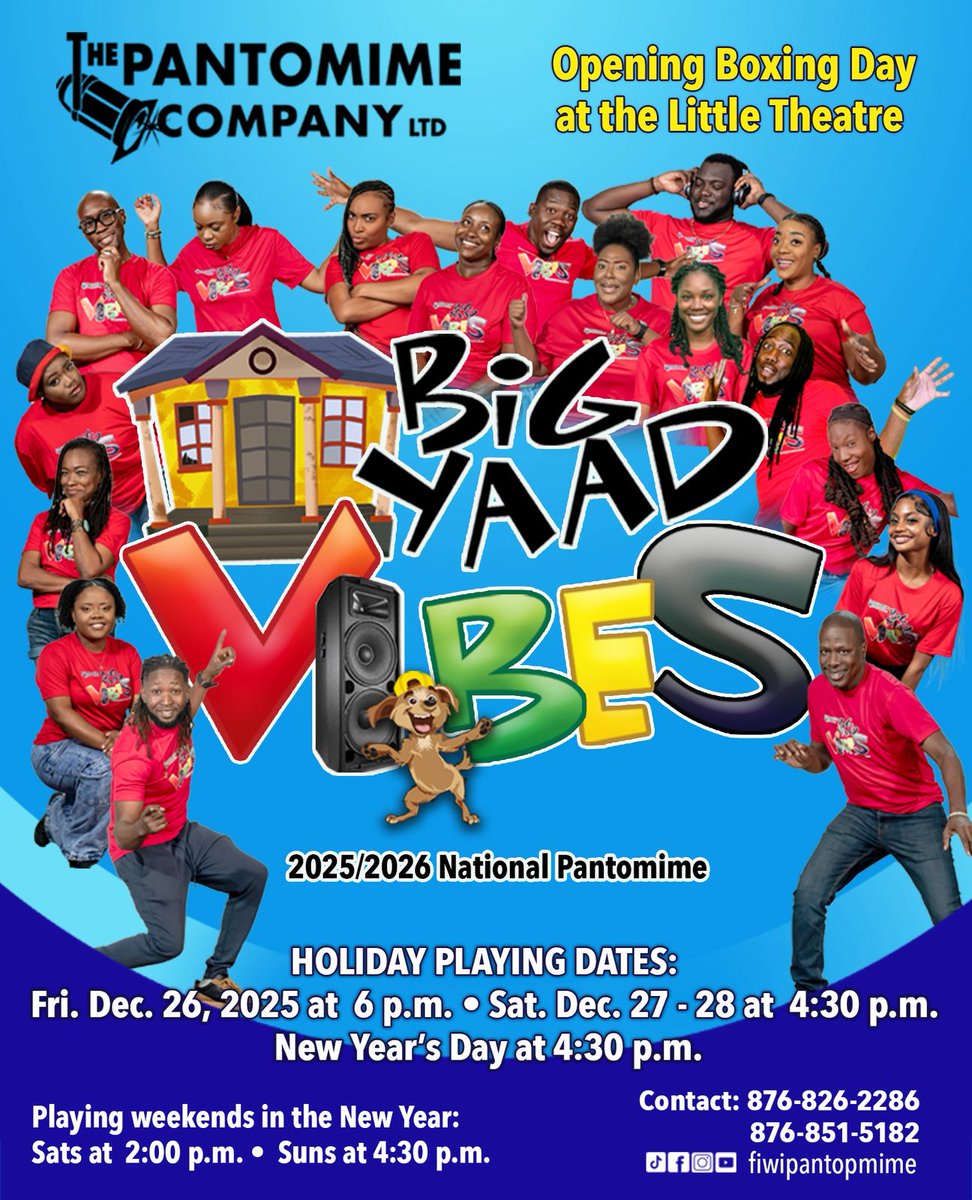 maggrimms's tweet photo. The Pantomime Company proudly presents "Big Yaad Vibes", showing at The Little Theatre in Kingston, Jamaica. 
Come for the laughs. Bring the entire family!
#bigyaadvibes
#fiwipantomime #thelittletheatre #comedy #jamaicantheatre #thepantomimecompany https://t.co/Q0iDsSdnkD
