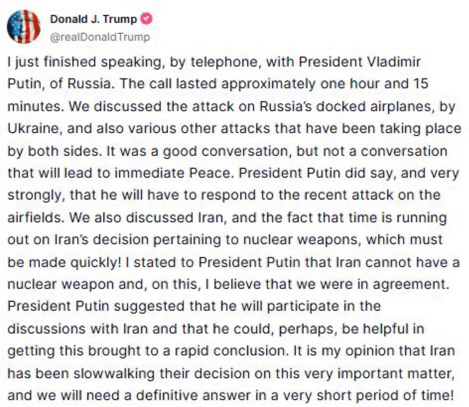 mhmck's tweet image. Putin puppet Trump agrees with his master that Ukrainians striking Russian military aircraft is a very bad thing. He has nothing to say about Russians striking a passenger train filled with Ukrainian civilians.

Trump does nothing to hide the fact he works for Russia.
