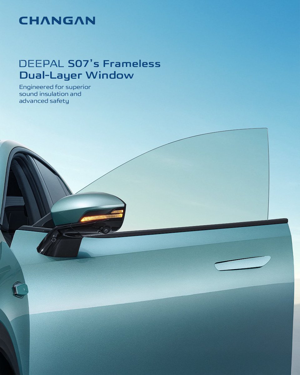 changan_id's tweet photo. Deepal S07 frameless windows feature an innovative dual-layer glass. This means:

🤫 Exceptional sound insulation for a serene cabin.
🛡️ Enhanced safety, significantly reducing shattering risk in collisions. https://t.co/1ne8aXVrDt