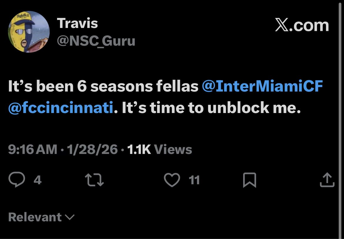 VamosNSC13's tweet photo. @fccincinnati you should unblock Travis @NSC_Guru. It’s been 6 years. Get over yourself. Besides, it’s #NotARivalry. Quit being a brat. #AllForCincy https://t.co/MFj7aG5aYJ