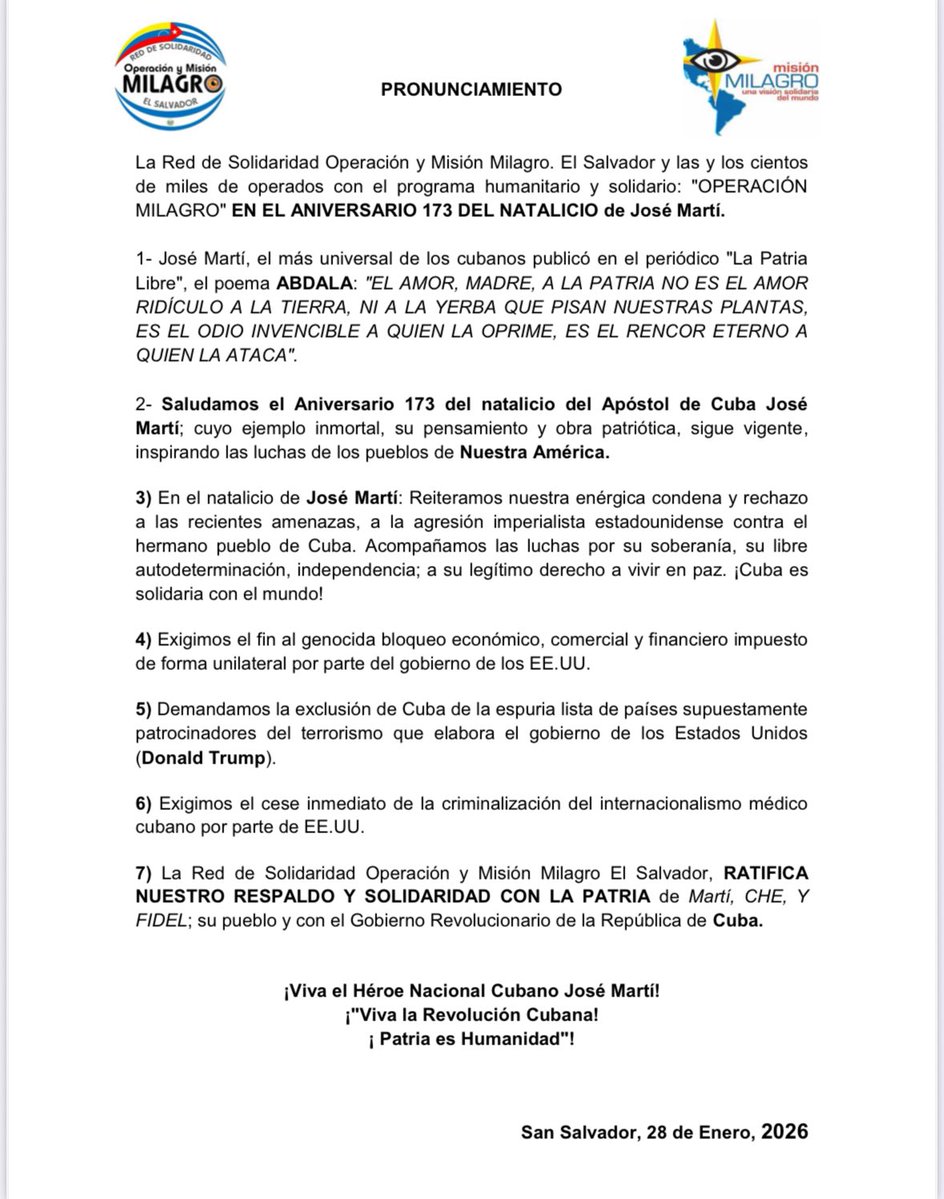 Pronunciamiento
Red de Solidaridad Operación y Misión Milagro SV a 173 años del natalicio de José Martí, héroe nacional de #Cuba