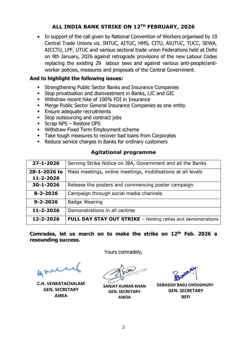 Join the working class to oppose the anti-worker labour policies  Join the Nationwide General Strike on 12th Feb. 2026
#CTUstrike
#AIBEA