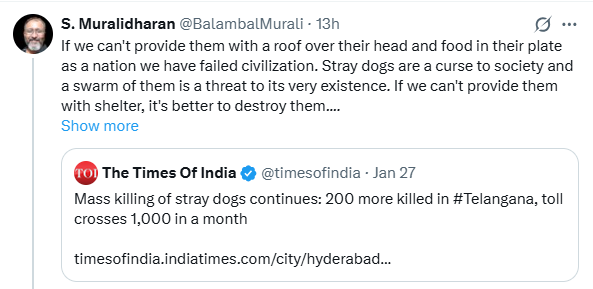 Oh Dog haters.. MAKE IT MAKE SENSE!!

If Muralidharan’s logic had been respected by his parents, he wouldn’t have existed in the first place.

Why give birth to a child when his own country(yes!!He is originally from SriLanka, not even a born Indian), cannot even provide a roof
