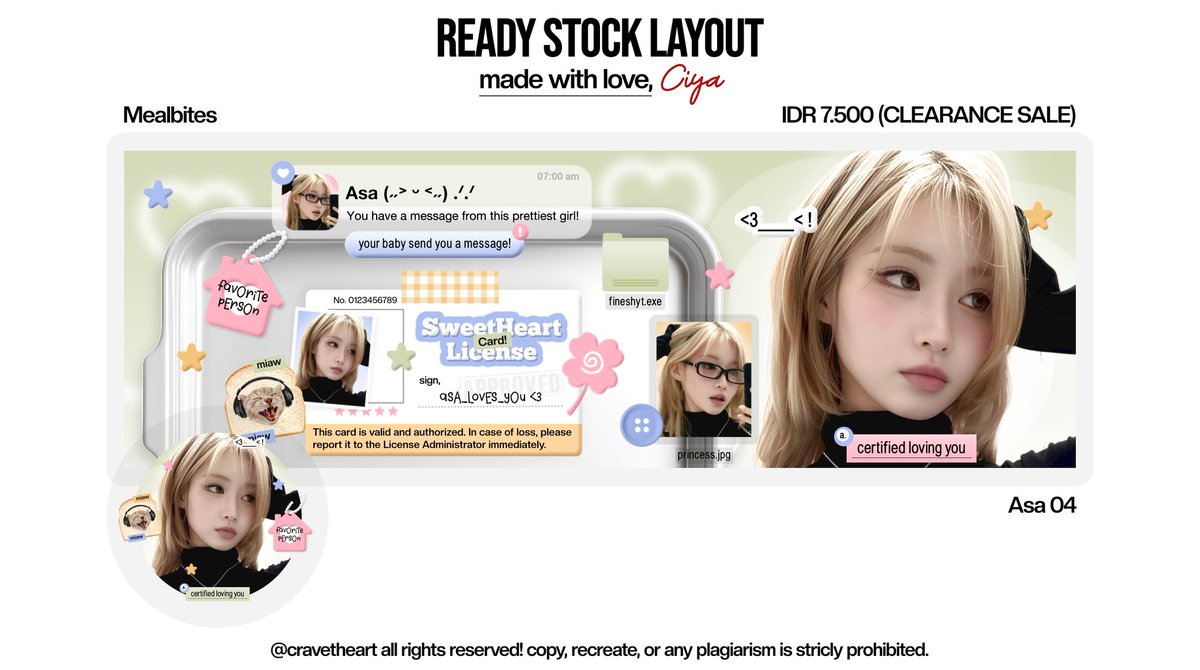 cravetheart's tweet image. help repost ya? makaci ‹𝟹

CLEARANCE SALE!

dalam rangka mengurangi memori ibis, aku mau clearance sale semua layout ready stock yg masih avail ini ya, semua 7,5K/each free retext!

ada 24 layout chara asa, ian, rei, wonyoung, karina, carmen, yujin, haum, liz &amp;amp; kya

#zonauang