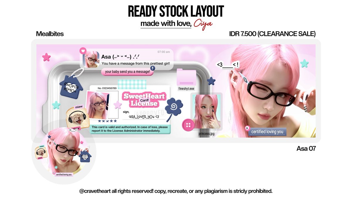 cravetheart's tweet image. help repost ya? makaci ‹𝟹

CLEARANCE SALE!

dalam rangka mengurangi memori ibis, aku mau clearance sale semua layout ready stock yg masih avail ini ya, semua 7,5K/each free retext!

ada 24 layout chara asa, ian, rei, wonyoung, karina, carmen, yujin, haum, liz &amp;amp; kya

#zonauang