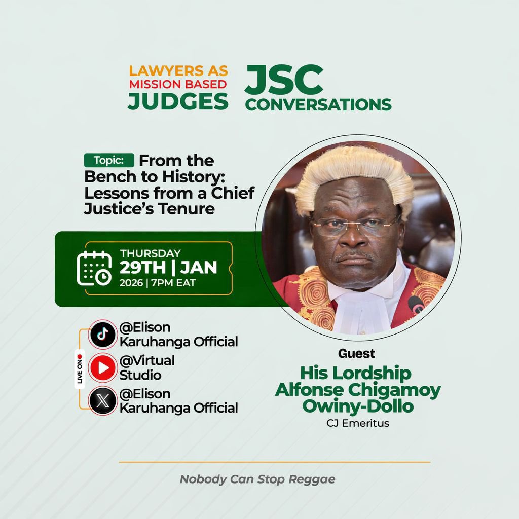 Tonight on the next episode of #JSCConversations, <a href="/elisonk/">Elison Karuhanga</a> sits down with Chief Justice Emeritus <a href="/ac_owinydollo/">Alfonse C. Owiny - Dollo</a> for an insightful conversation reflecting on his just concluded tenure. 

He shares key lessons, memories, and reflections from his time at the helm of the Judiciary.