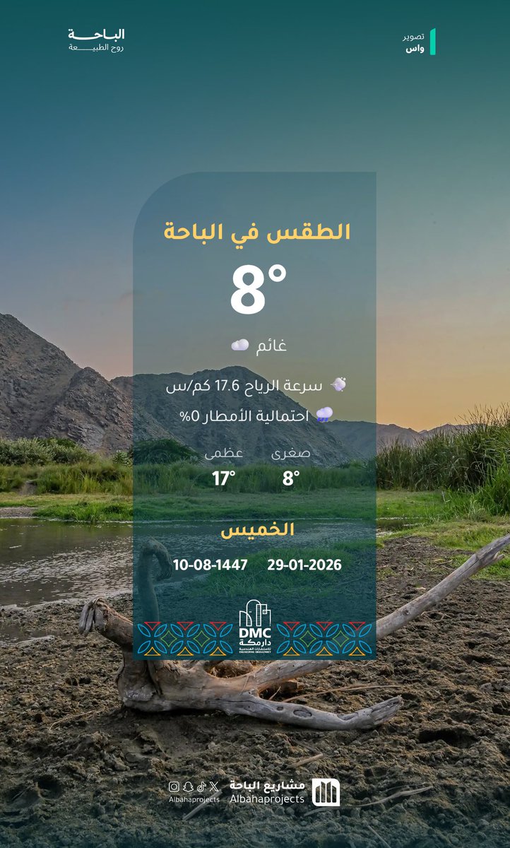 29 - يناير - 2026م
10 - شعبان - 1447هـ

صباح الخير ☀️
-
#مشاريع_الباحة
#تنمية_الباحة_اولاً