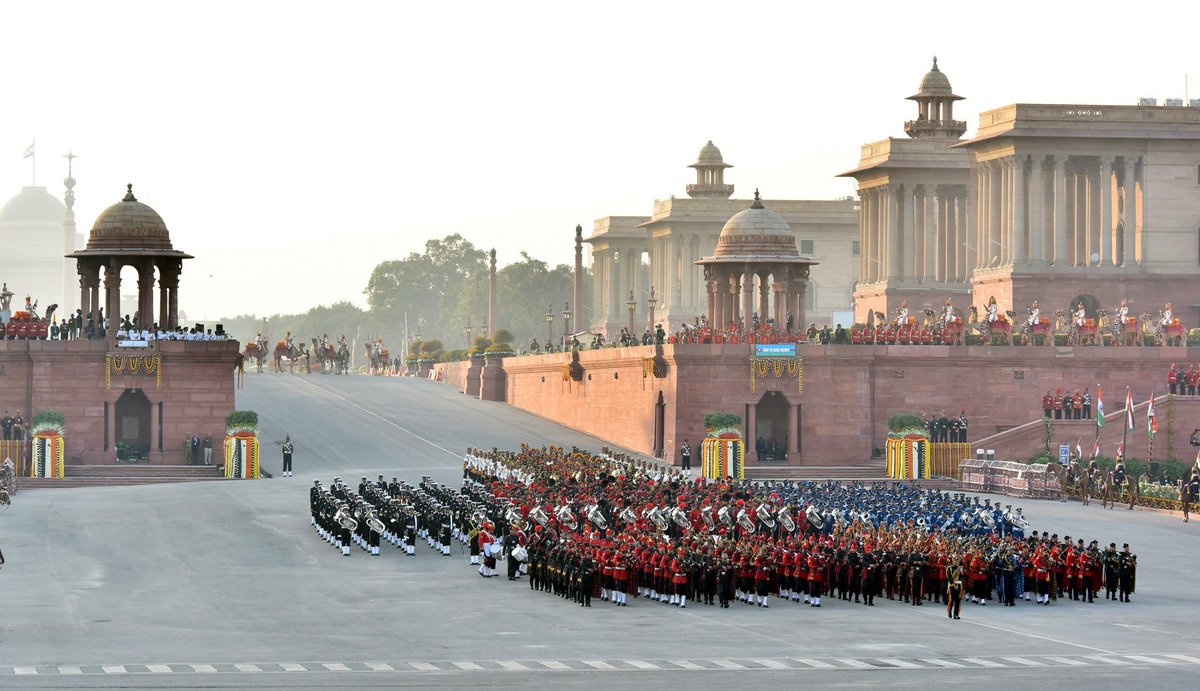 Indiagovin's tweet image. The #BeatingRetreatCeremony is a grand military event held annually on January 29 at Vijay Chowk, New Delhi, marking the official conclusion of #RepublicDay.