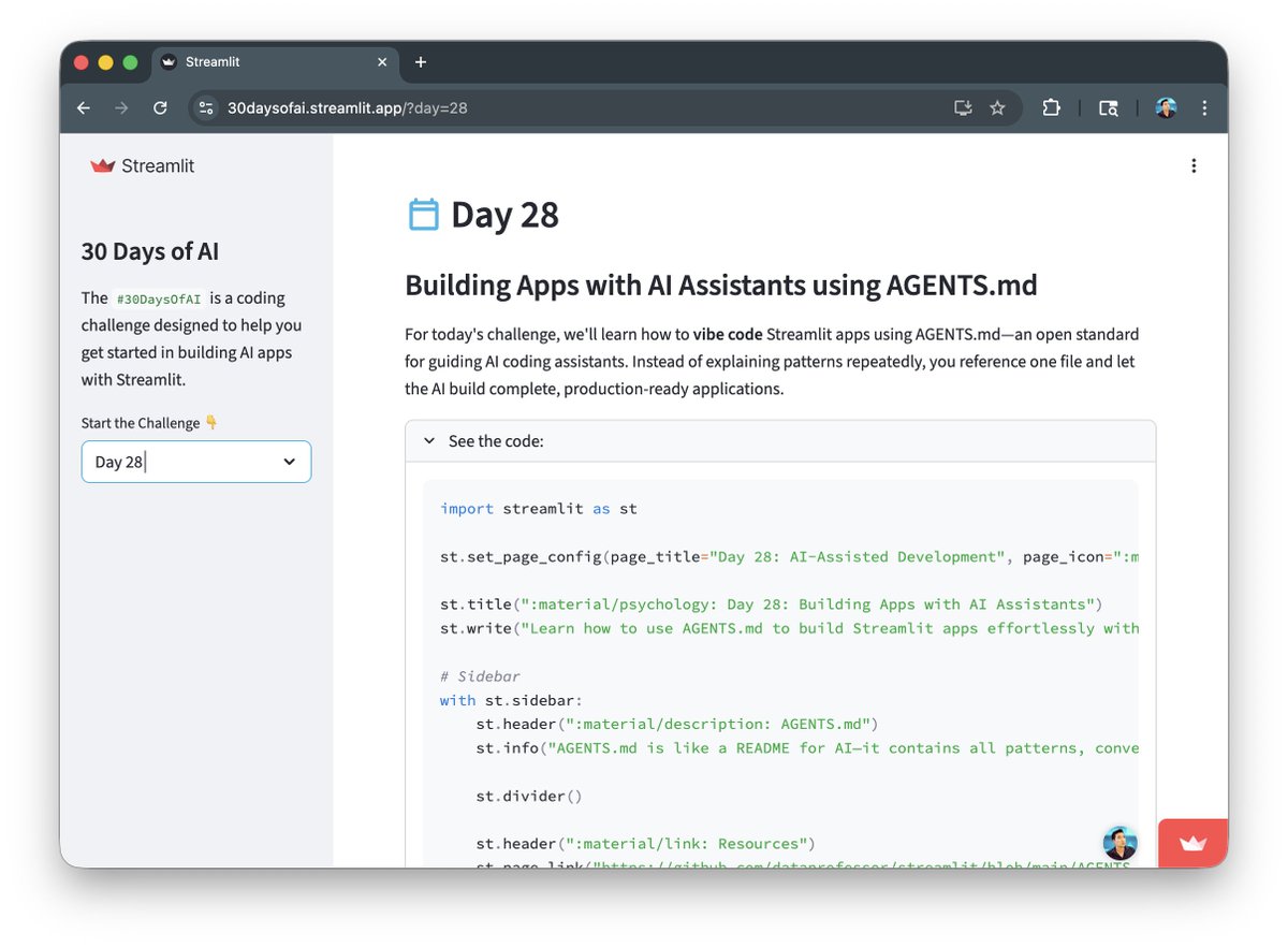 thedataprof's tweet photo. Day 28 of #30DaysOfAI w/ @streamlit 

Today we're taking a break from heavy technical coding.
Instead, we're vibe coding 🎵 with AGENTS dot md  

With this the AI instantly becomes a Streamlit expert.

AI is not here to replace developers, it's just amplifying their capabilities! https://t.co/BHaQ0VRW1O