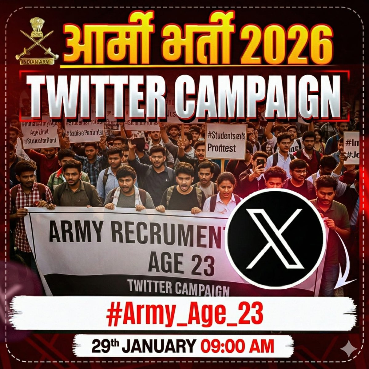 देश की सेवा का जज़्बा रखने वाले हजारों युवा आज अग्निवीर भर्ती की आयु सीमा के कारण अवसर से वंचित हैं   कृपया Army Age Limit को बढ़ाकर 23 वर्ष किया जाए, ताकि हर योग्य और मेहनती युवा को भारतीय सेना में सेवा का अवसर मिल सके  इस विषय को ध्यान में रखते हुए संज्ञान लेकर बच्चों के हित