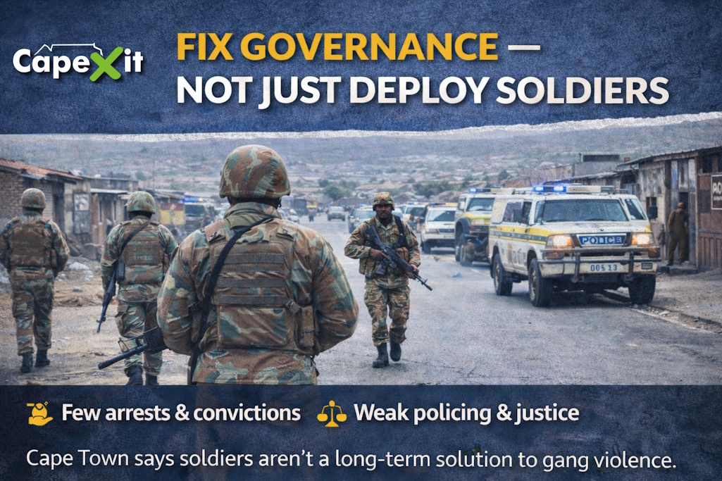 capexitofficial's tweet photo. Troops aren’t a substitute for competent policing and justice. Cape Town warns that deploying soldiers to gang-hit communities might lower violence briefly, but without arrests, convictions and real institutional capacity it will wash away like rain. 

The real failure is systemic: weak policing, low forensic and detective capacity, and a justice system that doesn’t consistently deliver outcomes. 

Western Cape residents deserve effective governance and real long-term safety — not temporary fixes.