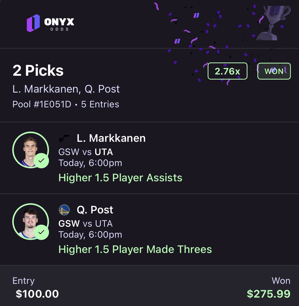 DylPicksGreens's tweet image. CASH THAT SHIT ✅ 

One of the easiest collabs we’ve ever run @FastMoneyPROP 💯

White Boy Winter Continues 🥶 

Code DYL @OnyxOdds 💜

#TakeNote #DubNation