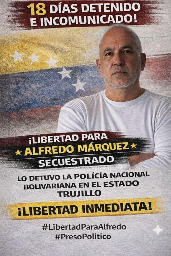 18 días de desaparición forzada.

Secuestrado durante el régimen interino de Delcy Rodríguez.

Debe ser liberado, junto a todos.