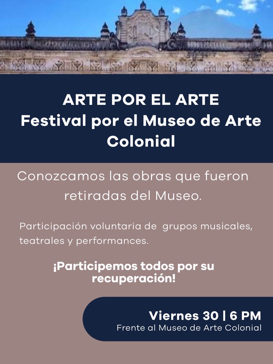 Si te gusta el arte, únete a este Encuentro por el Arte. 
Pueden asistir músicos, pintores, bailarines, poetas… todos aquellos q quieran expresar su descontento por el saqueo del museo a través del arte. Habrá presentación de imágenes de las piezas q se encontraban en el museo.