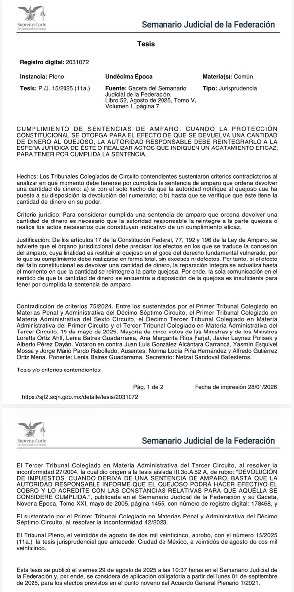 rsperrilliat's tweet photo. CUMPLIMIENTO DE SENTENCIAS DE AMPARO. CUANDO LA PROTECCIÓN CONSTITUCIONAL SE OTORGA PARA EL EFECTO DE QUE SE DEVUELVA UNA CANTIDAD DE DINERO AL QUEJOSO, LA AUTORIDAD RESPONSABLE DEBE REINTEGRARLO A LA ESFERA JURÍDICA DE ÉSTE O REALIZAR ACTOS QUE INDIQUEN UN ACATAMIENTO EFICAZ, PARA TENER POR CUMPLIDA LA SENTENCIA.