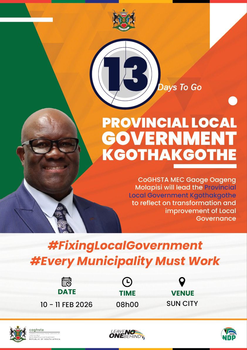 Counting down - We are 13 days away from the Provincial Local Goverment Kgothakhothe. 
#FixingLocalGovernment #EveryMunicipalityMustWork #TowardsIdealMunicipalities #CogatInAction #NWPG #LetsGrowNorthWestTogether