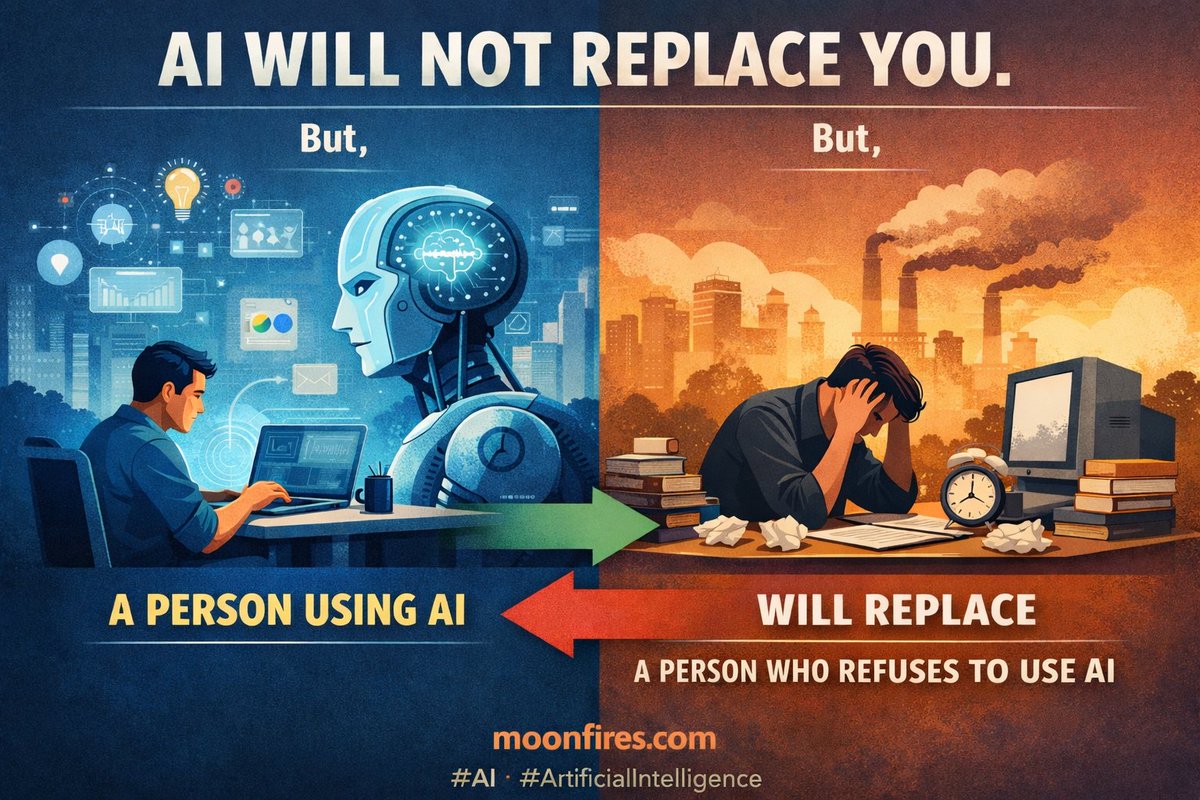 rajtalksalways's tweet image. somehow, in chat #AI give me best answer today about us!

"AI will not replace you.
But a person using AI will replace a person who refuses to use AI."

#AIWisdom
#FutureReady
#Moonfires
#AIRevolution