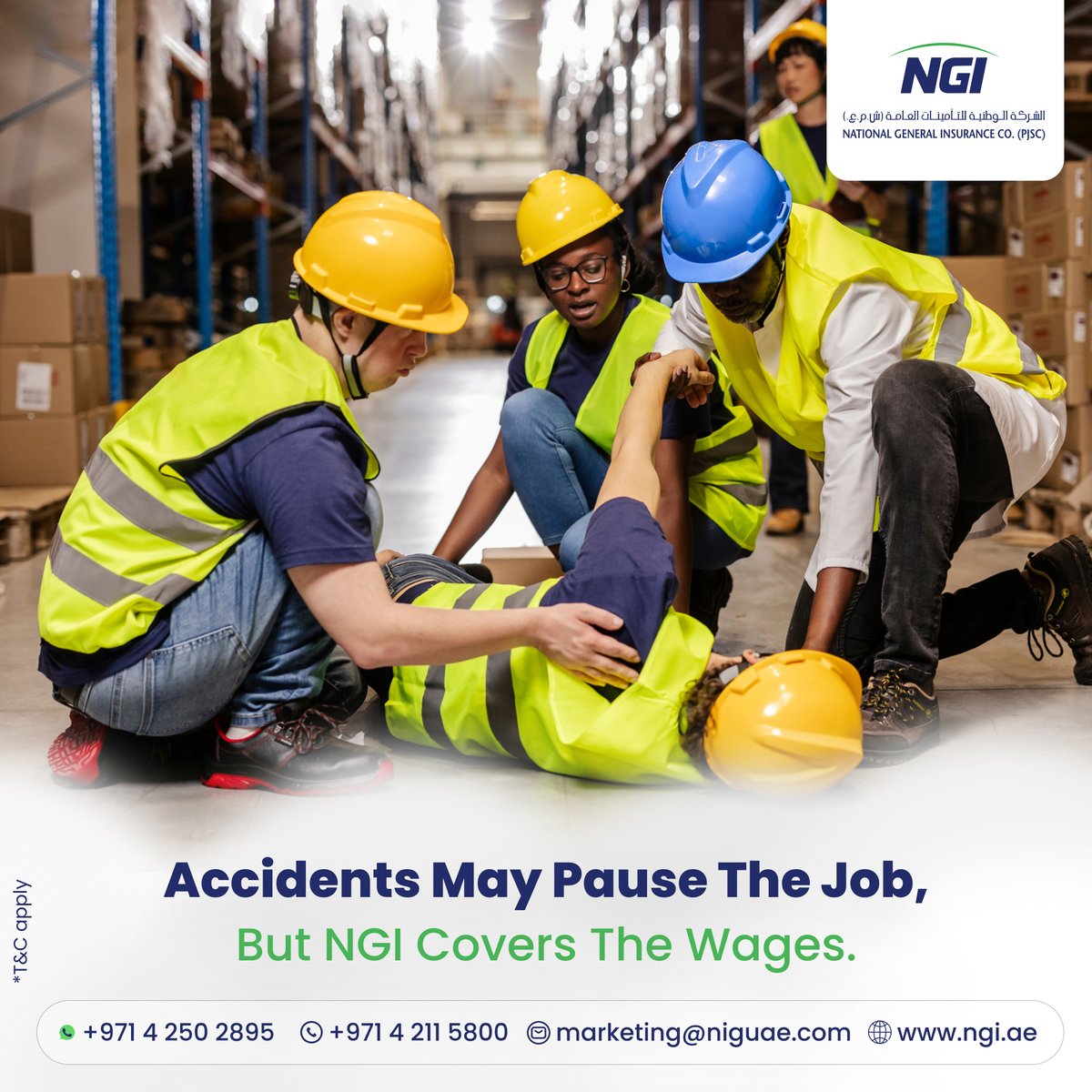 Protect Your Employees with Workmen Compensation Insurance
Accidents are unpredictable, but being prepared isn't! Ensure your employees stay protected with NGI’s Workmen Compensation Insurance.
📞 +971 4 250 2895 | +971 4 211 5800
📧 marketing@ngiuae.com
