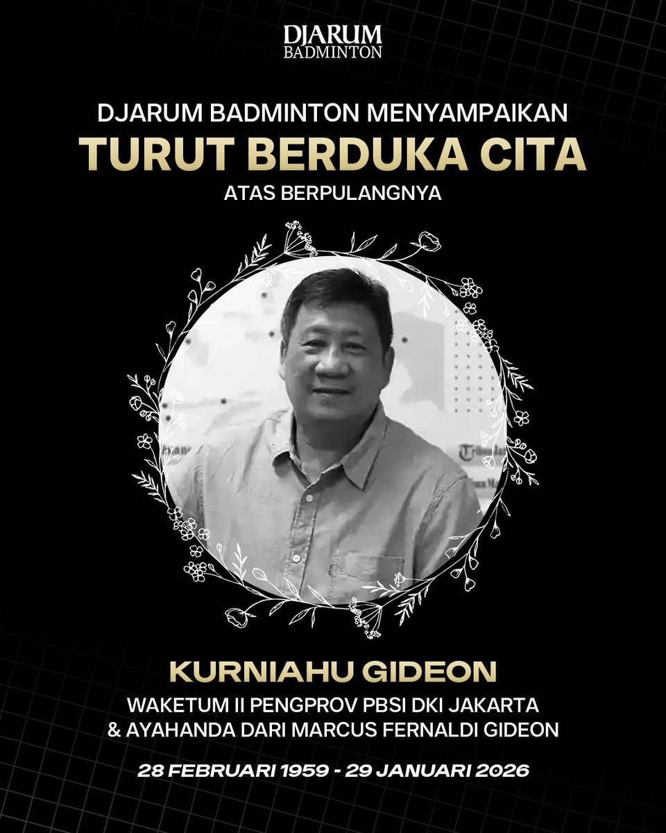 Turut berdukacita atas berpulangnya Kurniahu Gideon, ayahanda dari Marcus Fernaldi Gideon.

Semoga almarhum mendapat tempat terbaik di sisi-Nya dan keluarga yang ditinggalkan diberi ketabahan.

Rest in Peace 🙏

#BadmintonItuKita #RIP