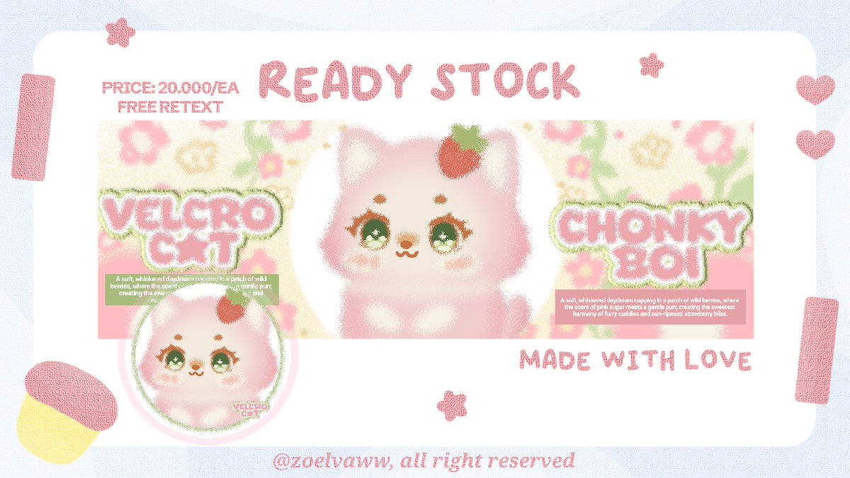 zoywen's tweet image. help rt, thanks! 🩷

۰ ۪۪۫۫ · 🍥🥢 hii aku ada 8 layout ready stock chibi kucing &amp;amp; buah. harganya only 20k/ea free retext all teks. yuk jajan♡ #zonauang
