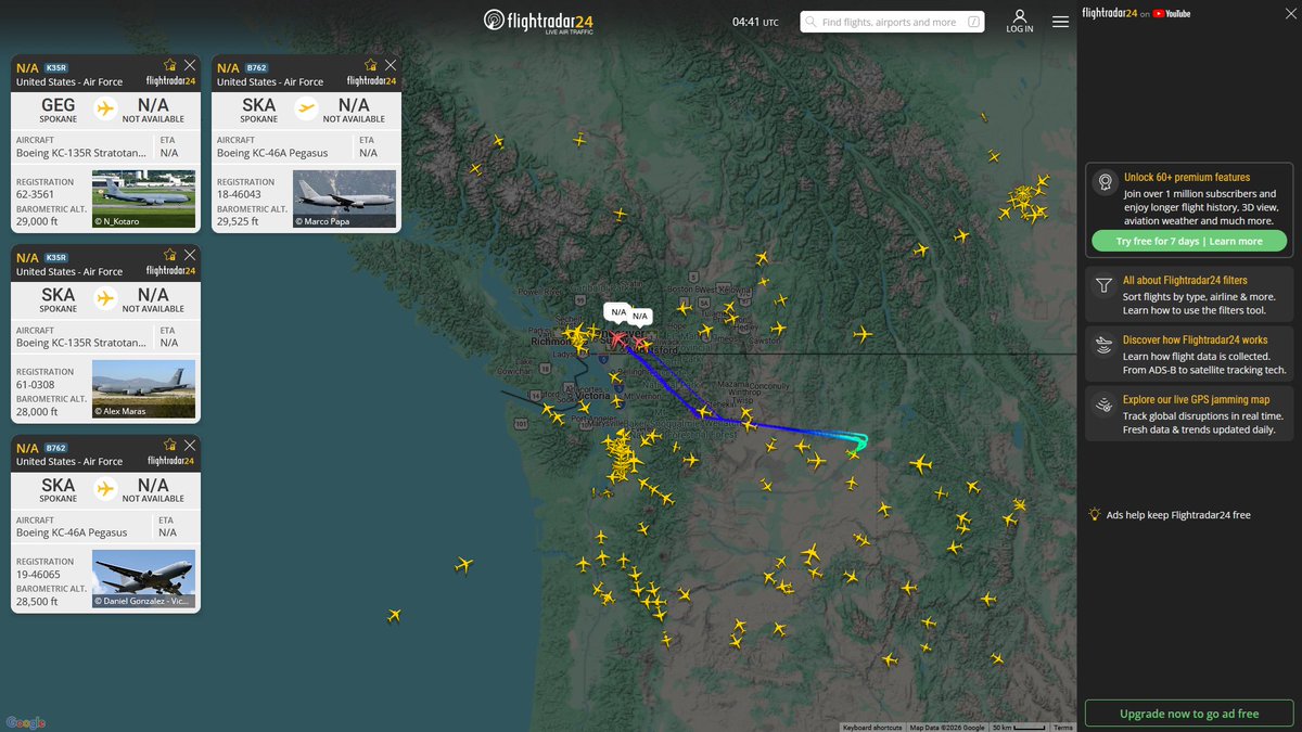 AIYeyENGDdJkjTr's tweet photo. Jan. 29, 2026
#Fairchild Air Force Base ==>
#NoCALLSIGN #AE07BB KC-135R Stratotanker 
#NoCALLSIGN #AE0532 KC-135R Stratotanker 

#Seymour Johnson AFB #Fairchild ==> 
#DEED24 #AE5FAC KC-46A Pegasus 

#McGuire Air Force Base #Fairchild ==> 
#DEED23 #AE5F96 KC-46A Pegasus https://t.co/x648OsUWLa
