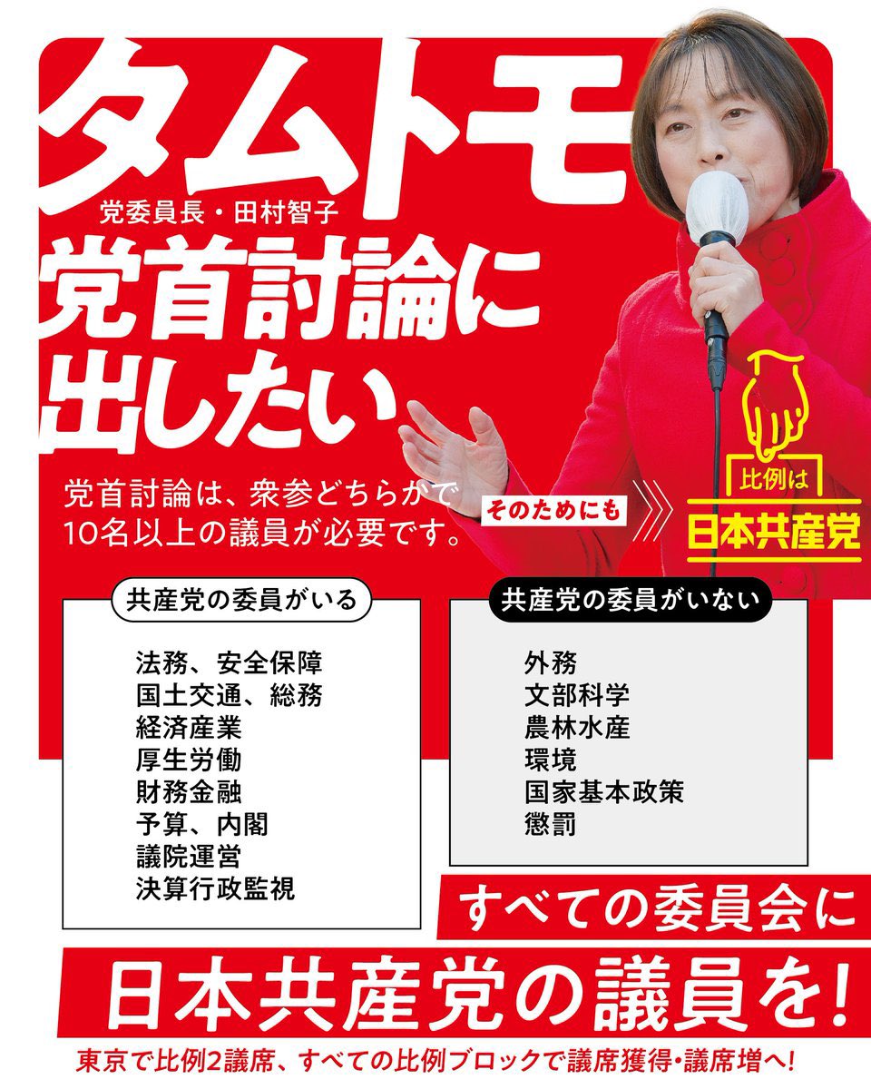 kirayoshiko's tweet photo. これ大事！

もし、日本共産党の議席が10議席以上になれば、党首討論に田村委員長が出られます!

いまは、衆議院の文科委員会に議席がなく、教員の働き方の法案は参議院だけの論戦に。

議席が増えれば、衆議院のすべての委員会で、すべての法案の議論ができます。

 #比例は日本共産党 とお書き下さい https://t.co/2IKye7OSfg
