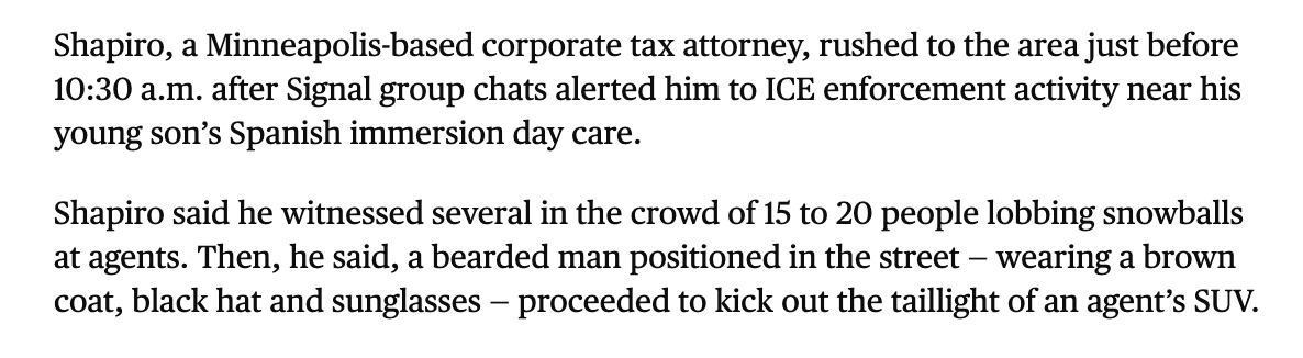 So the taillight-kicking happened: 
1. less than a week after Renee Good was killed less than 1/2 mile away
2. during ICE operation apparently targeting a Spanish immersion day care center
DOESN'T justify Pretti's behavior! But maybe his anger wasn't totally unhinged