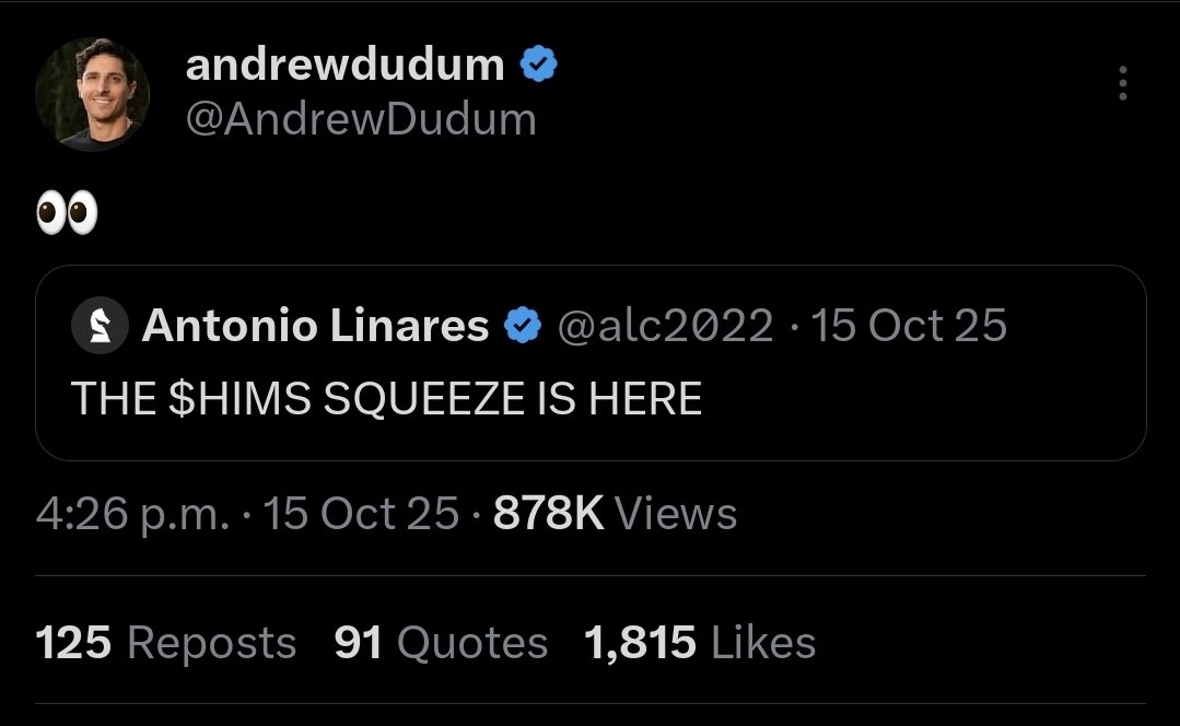 JarvisFlow's tweet photo. The most expensive emoji in history: 👀
Two CEOs used it

1️⃣ Andrew Dudum ( $HIMS): Hyped a "Short Squeeze" post ➡️ Sold $11M+ in stock days later ➡️ Stock dropped 50% from its highs.
Message: "Thanks for the exit liquidity, retail.". The results couldn't be more different.

2️⃣ Tobi Lütke ( $SHOP): Acknowledged a merchant's payment issue ➡️ Acknowledged a platform error ➡️ Showed care to business and customer.
Message: "I’m here to make sure you succeed."

One CEO treats you like a stakeholder. The other treats you like a bag-holder.

I know which one I’m betting on for the next 10 years. 
Do you?

CC: @louiseivan @RyderWallet