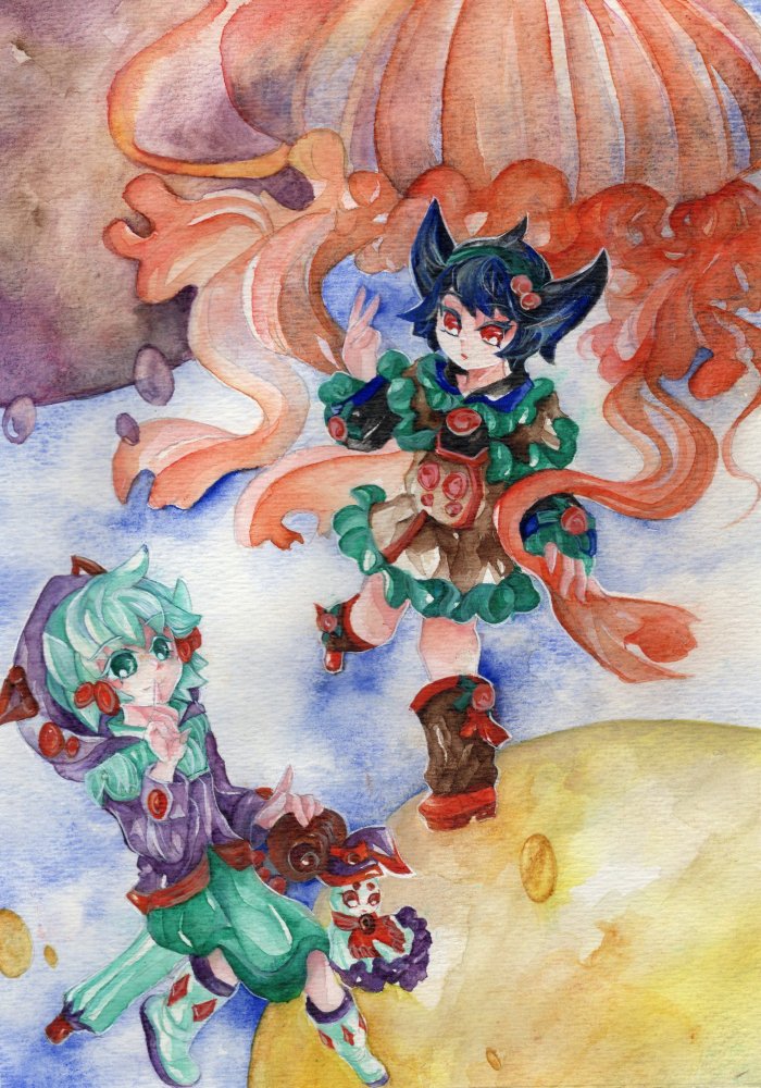 #誰かと始まるPartyTime
「白黒Twins」
黒と白のアメフラシモチーフの子を対で描きました。
黒と白の月は珈琲&amp;ミルクをイメージしてます✨️