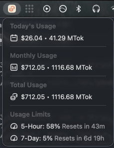 if you are using raycast and use claude code, check out ccusage extension. it has been very useful for me.