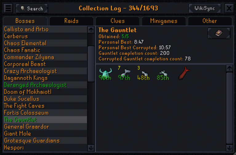 Probably the biggest spoon of my account has been the Gauntlet. JUST GOT YOUNGLLEF! Green logged at 78kc CG/ 200kc gauntlet.