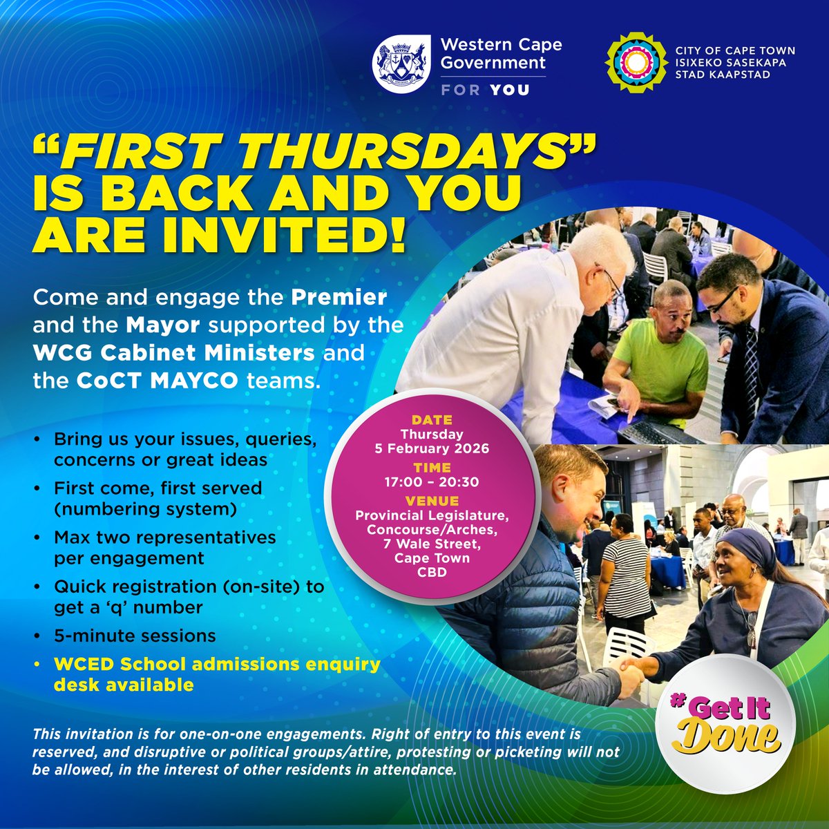 The first First Thursday of 2026 is coming up, your chance to engage directly with the Premier, the Mayor, and members of the Western Cape Government and City of Cape Town Mayco teams.

Bring your issues, questions, concerns and your ideas.

See you there, Cape Town 👋