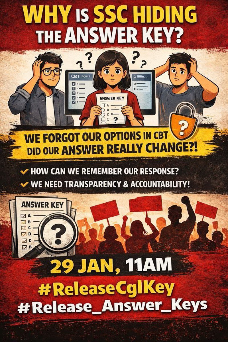 SAMEERMEHTA1214's tweet photo. 🚨 SSC CGL Answer Key Protest

Candidates ne Answer Key delay ke khilaaf Twitter (X) campaign plan kiya hai.

🗓 29 Jan ⏰ 11 AM
📢 Demand: Release Answer Key | Transparency

📌 Hashtags:
#ReleaseCglKey
#Release_Answer_Keys

✊ Be active. Be loud. https://t.co/dsi84AxnJk