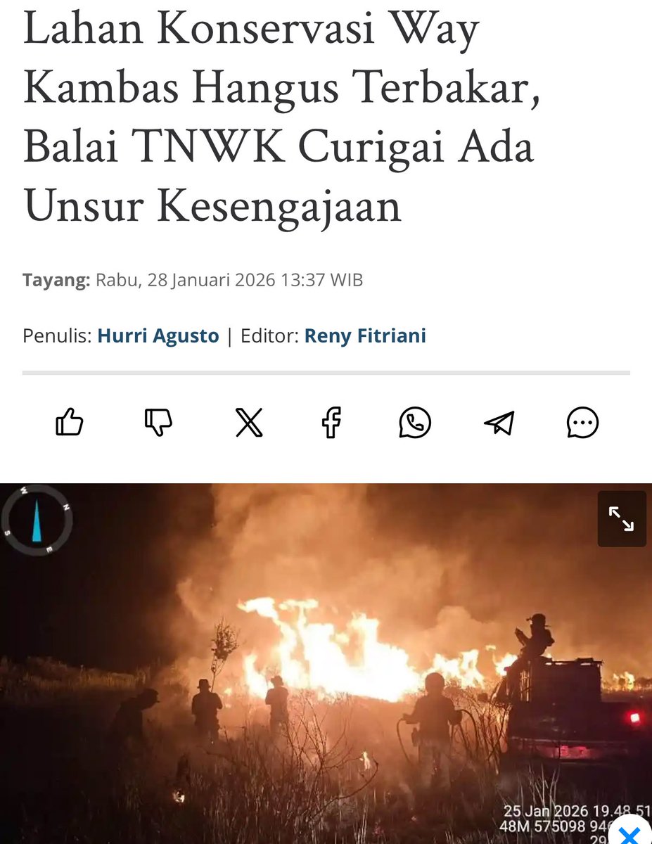 Earlier this week, Way Kambas National Park, home to Sumatran elephants, suffered a devastating fire burning thousands of hectares.  Arson is suspected. 

lampung.tribunnews.com/lampung/120060…