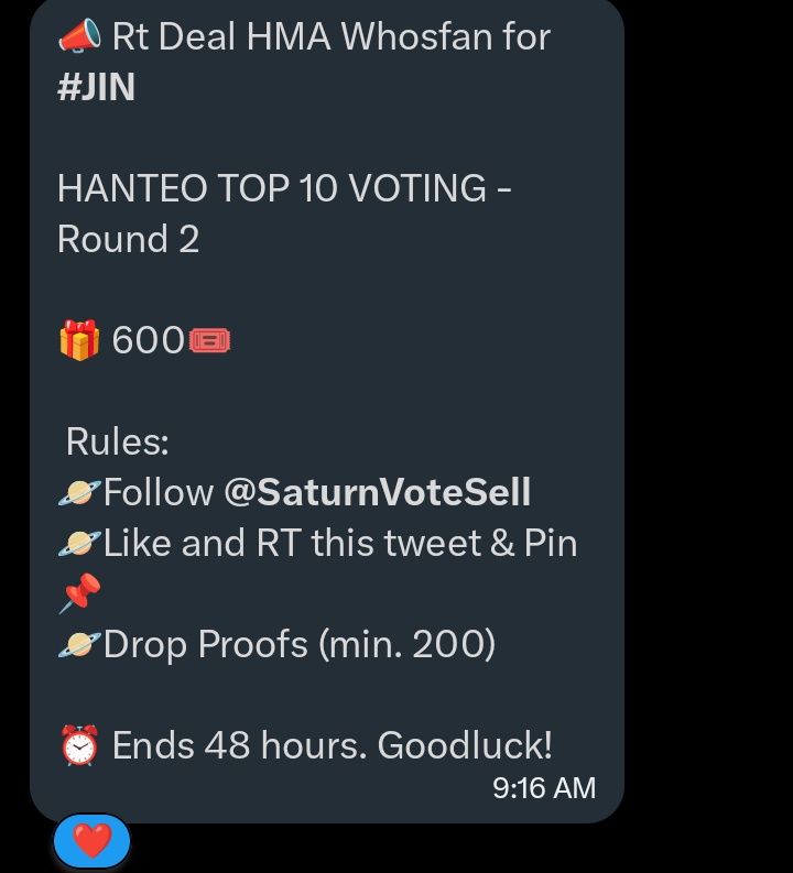 📣 Rt Deal HMA Whosfan for #JIN
 
HANTEO TOP 10 VOTING - Round 2

🎁 600🎟️

 Rules: 
🪐Follow <a href="/SaturnVoteSell/">KOOKY DUCKAD MY1PICK MNET</a>
🪐Like and RT this tweet &amp; Pin 📌
🪐Drop Proofs (min. 200) 

⏰ Ends 48 hours.