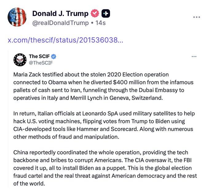 aus_mini's tweet image. 💥震撼💥川普总统转发下面The SCIF的推文， 指控中共国协调了2020年的盗选！
x.com/aus_mini/statu…
玛丽亚·扎克（Maria Zack）作证称，2020 年被盗的美国大选是一项与奥巴马有关的行动。

当时他将 4…