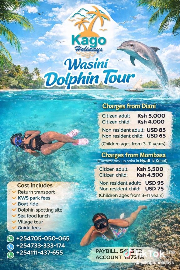 Experience the magic of the ocean 🐬🌊
Wasini Dolphin Tour with Kago Holidays includes dolphin spotting, boat ride, seafood lunch &amp; village tour.
📍 Pick-ups from Diani &amp; Mombasa
#WasiniIsland #KagoHolidays #TembeaKenya