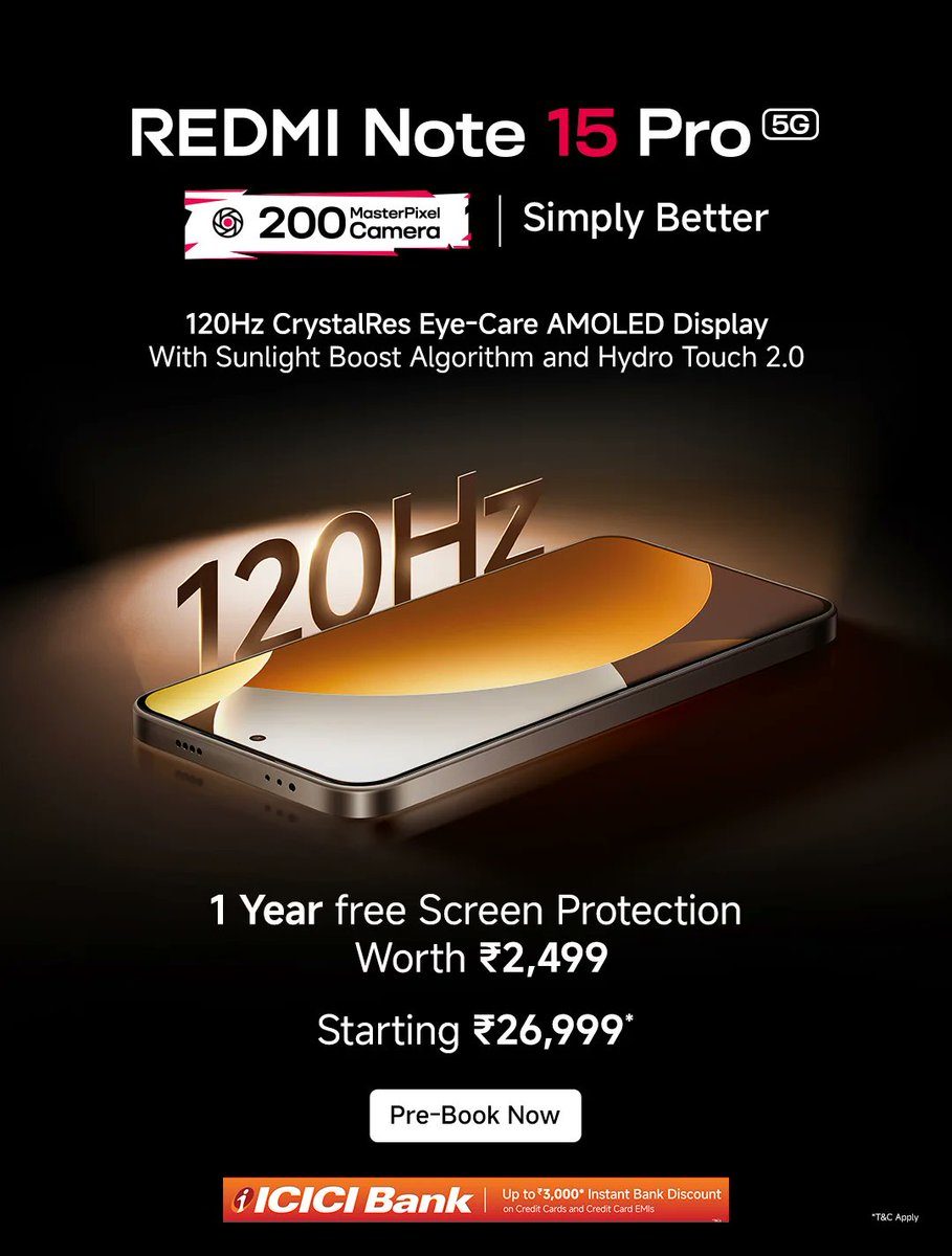 Ravikrn36's tweet image. #REDMINote15Pro5G launched in 🇮🇳 

• 6.83" 1.5K QC 120hz AMOLED
• Dimensity 7400 Ultra 
• Android 15, HyperOS 2
• 200MP Samsung OIS+ 8MP
• 20MP🤳 
• 6580mAh🔋45W⚡
• IP66,68,69,69K
. 8GB+128GB - 29,999/-
. 8GB+256GB - 31,999/-

2000/- disc HDFC, ICICI
3000/- disc on EMI