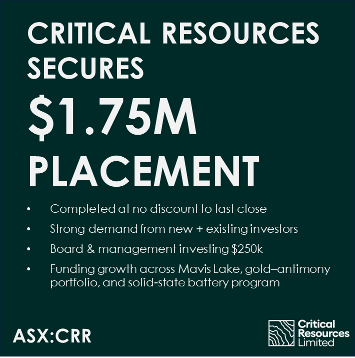 Critical_CRR's tweet image. Strong placement behind us. Capital being deployed. Workstreams accelerating across lithium, gold–antimony and solid‑state battery tech. CRR is building momentum. Big steps ahead. Onwards. ⚡⚡ 

#ASXCRR #Lithium #BatteryTech #Mining #EnergyMetals #SolidState #Growth #Investing