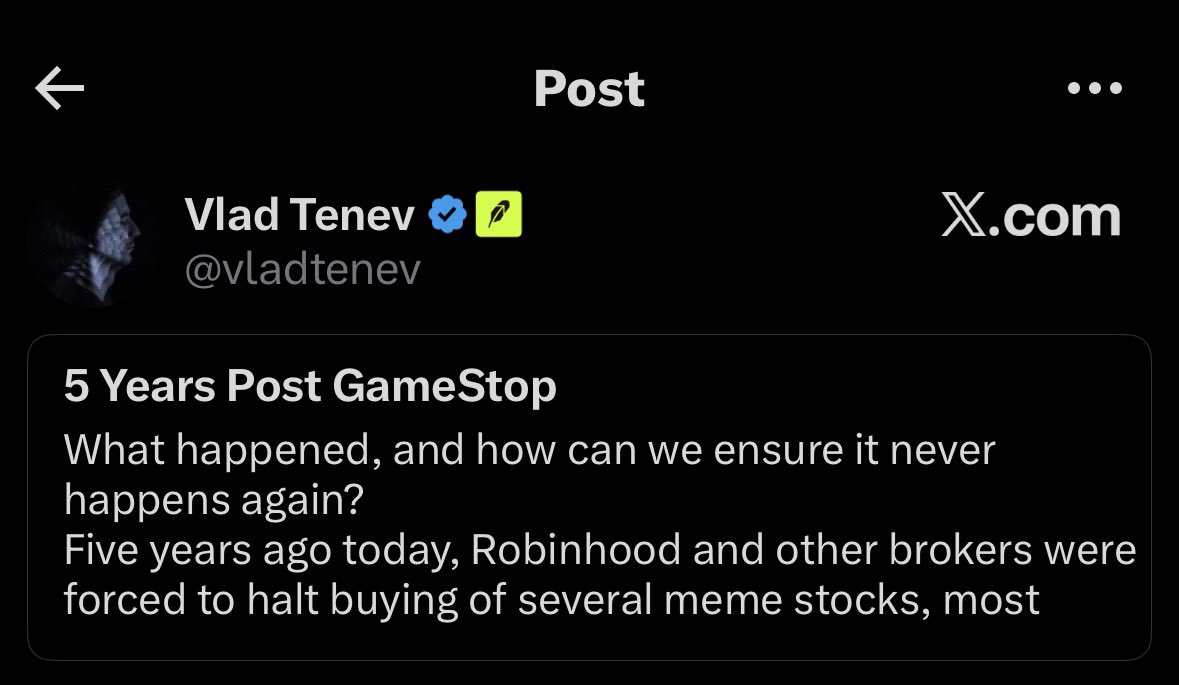 5 Years Ago.... Robinhood's payment-for-orderflow market makers informed Vlad that all of his customers only buy IOUs and they had no more to give. Within hours, Robinhood had BILLIONS of dollars owed to clients because none of their shares were real. <a href="/ryancohen/">Ryan Cohen</a> and <a href="/gamestop/">GameStop</a>