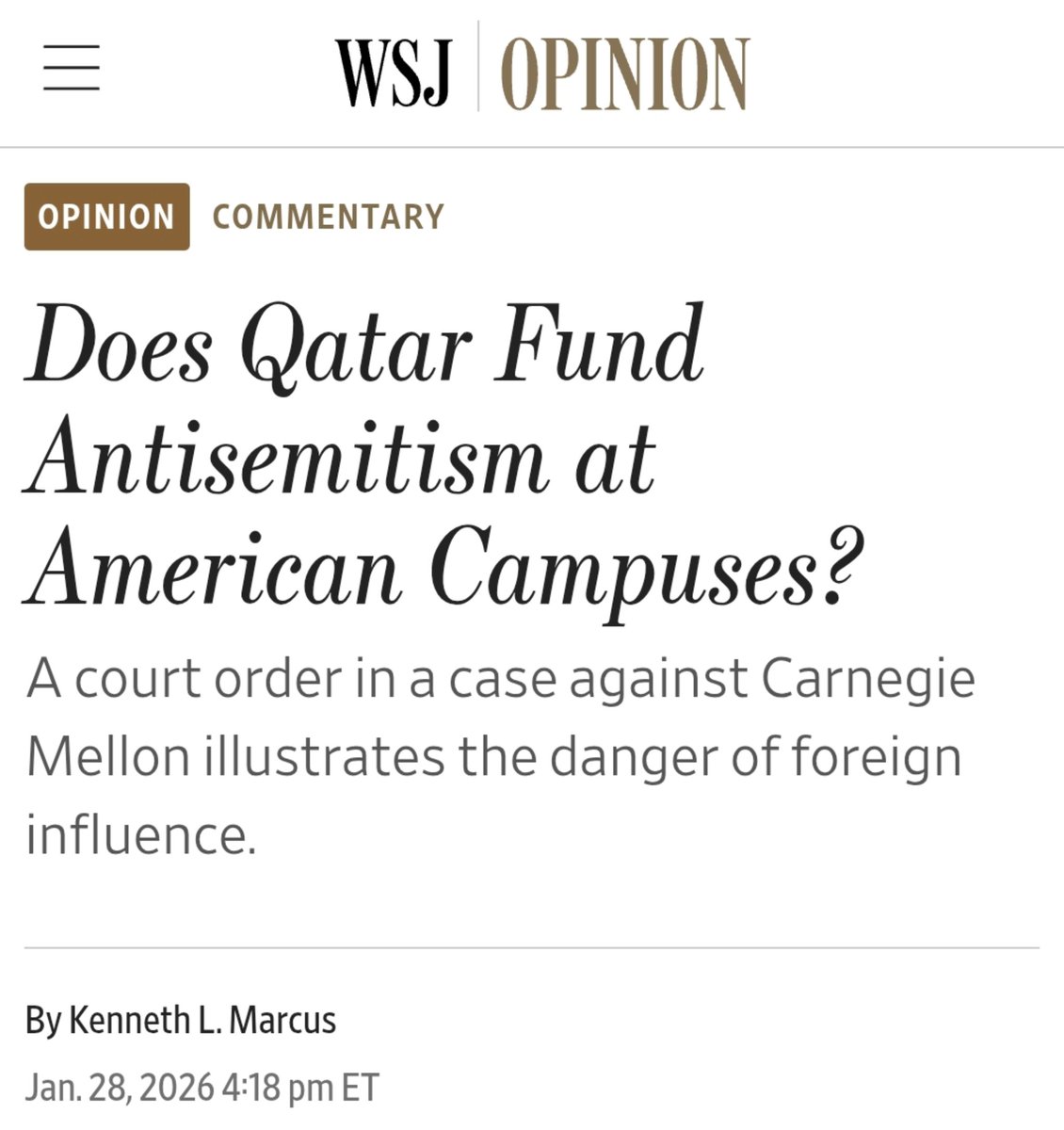 EFischberger's tweet image. Newly unsealed federal court orders point to massive Qatari funding shaping Carnegie Mellon’s behavior and enabling antisemitism on campus:

🔸️ A federal judge said a reasonable juror could conclude that CMU’s reliance on over $1 billion from Qatar motivated the university to…