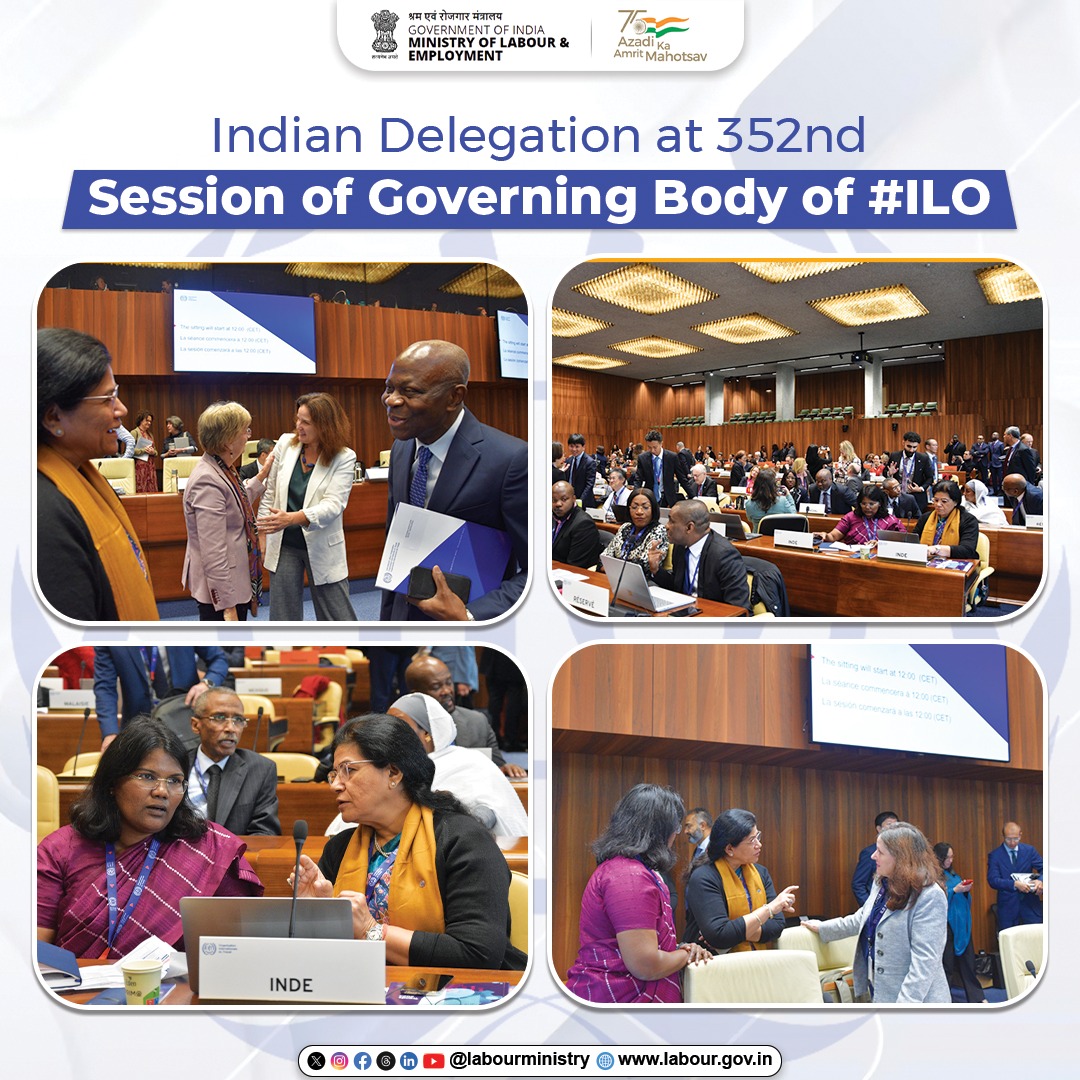 LabourMinistry's tweet photo. Indian delegation led by @SumitaDawra, Secretary, M/o Labour &amp; Employment, Govt. of India at #352nd Session of Governing Body of @ilo. At #OpeningSitting Secretary met DG ILO @GilbertFHoungbo,  DDG ILO @CelesteDrakeILO &amp; other officials. https://t.co/tOAdR52hqL