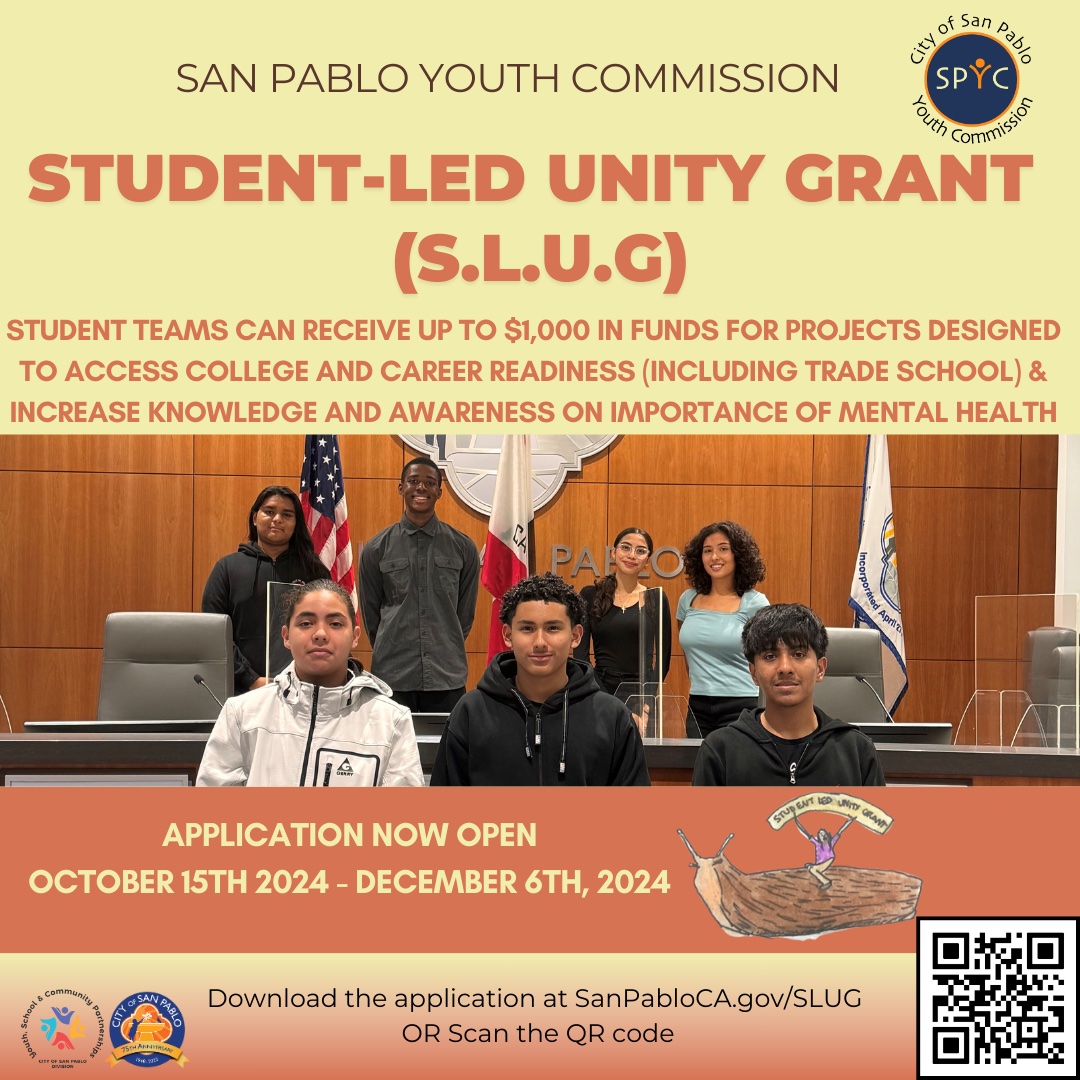 Calling students in grades 5th- 12th!  The Student Led Unity Grant is here! Our <a href="/spyclaguna/">San Pablo Youth Commission 💜</a> has released a mini grant where you can receive up to $1,000 for projects that promote college a&amp; career readiness—including trade schools—&amp; promote positive mental health awareness.  👇